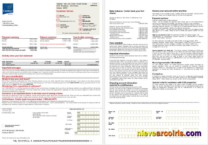 USA Indianna Centier bank mortgage statement, 2 pages